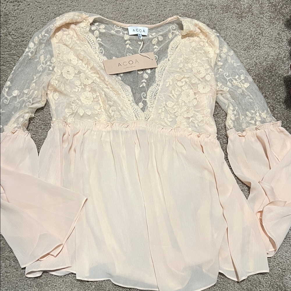 ACOA Pale Pink Lace & Chiffon Peasant Blouse